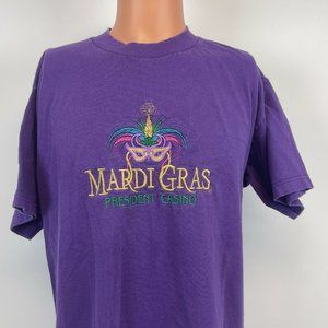 Mardi Gras President Casino Embroidered T Shirt Vintage 90s Made USA Purple L